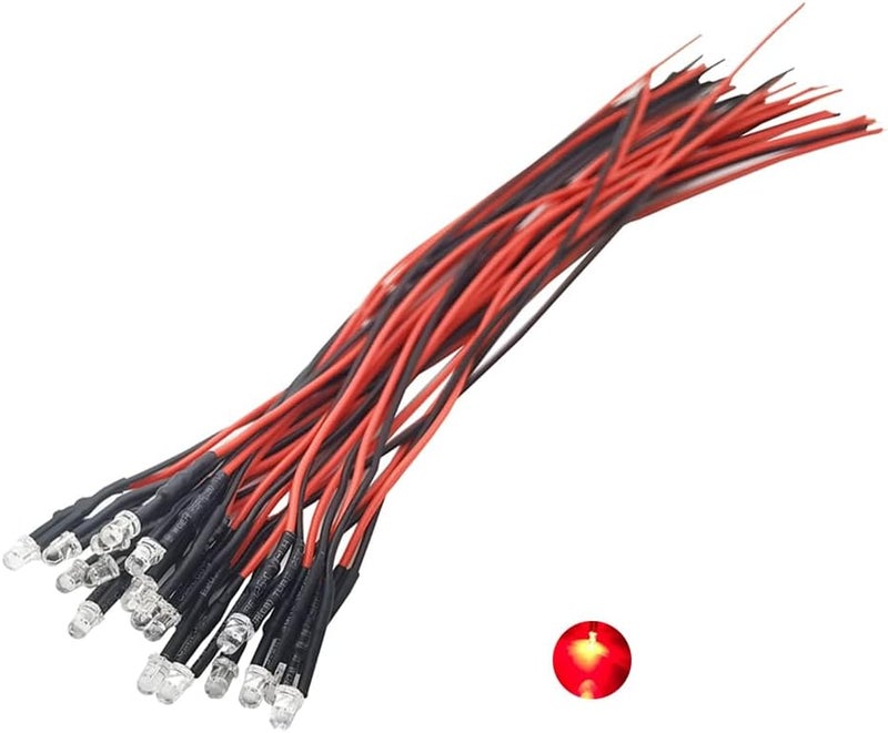 Vrabocry 20pcs 12 Volt 3mm Pre Wired Red Blinking LED Lights Emitting Diodes 1.5Hz Single Color Flashing 7.9 inch DC 12v LED Light Clear Lens Small LED Lamps DIY Lighting Projects - Image 1